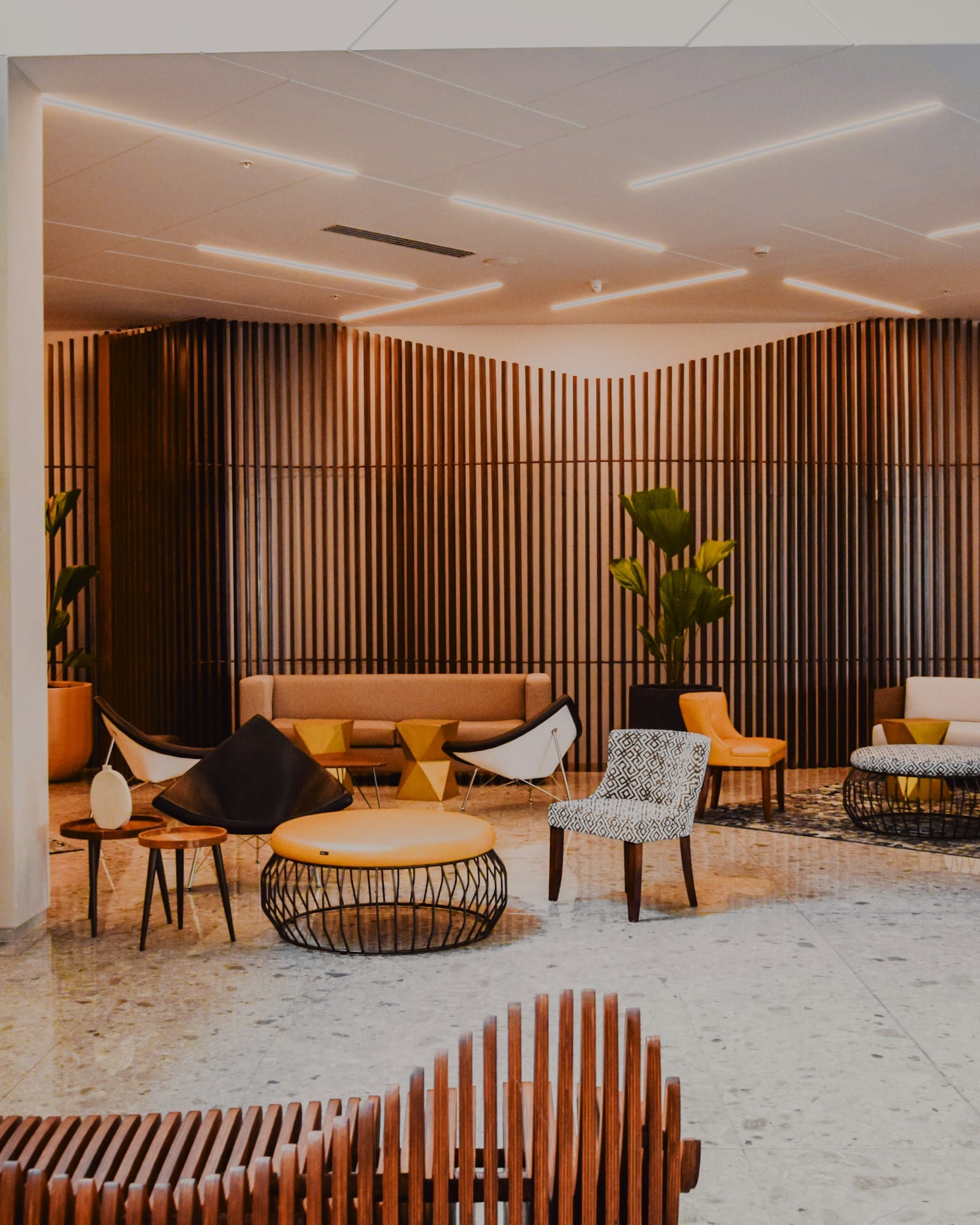 A lounge area with a curved timber slat wall, low seating and planting